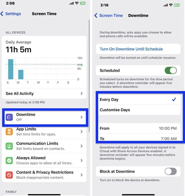 iPhone screenshots with steps on how to block certain apps on iPhone using Downtime in Settings
