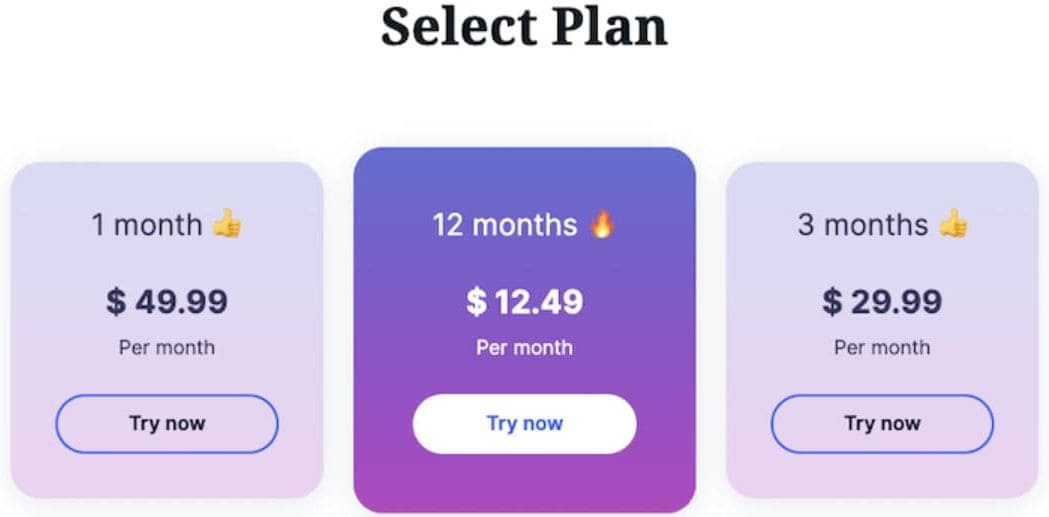 An image of the pricing plans on the Glassagram website