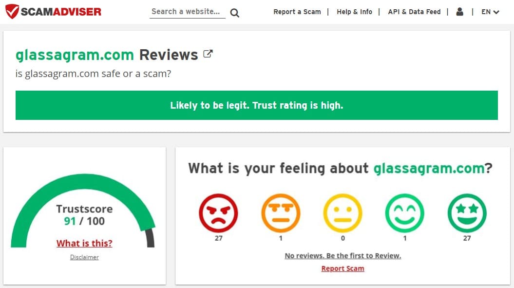 Glassagram trust rating on the Scam Advisor website