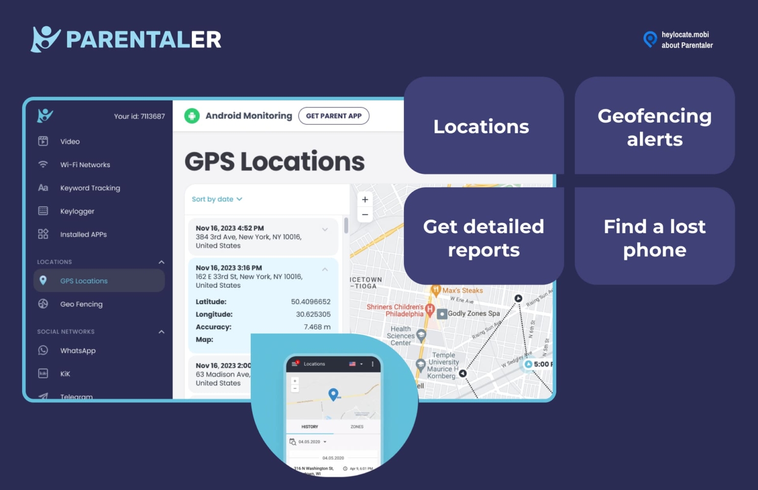 The Parentaler app's GPS tracking screen displaying a user's ID, Wi-Fi networks, keyword tracking, keylogger, installed apps, locations with GPS tracking and geo-fencing, and a map showing recent location pins for enhanced parental monitoring and security features such as geofencing alerts and phone location services.