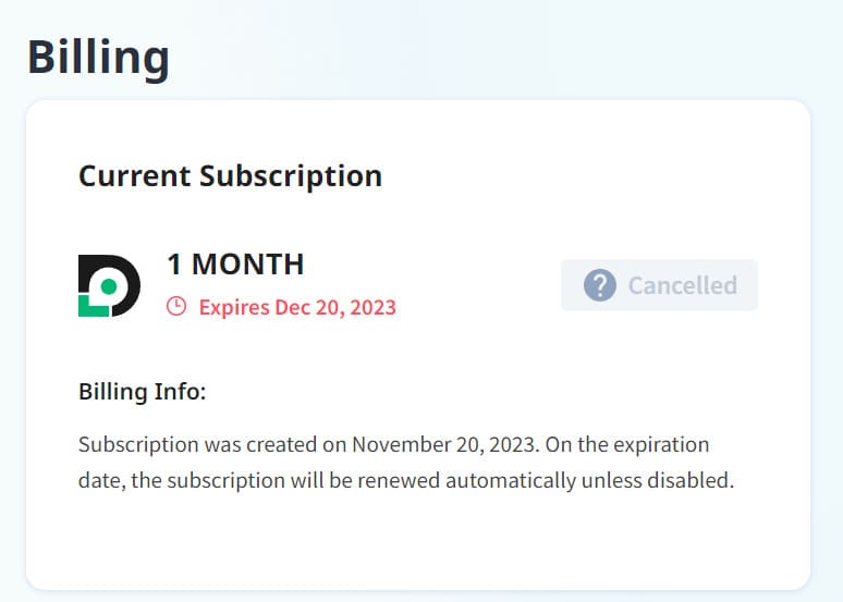 An image of Detectico cancel subscription page