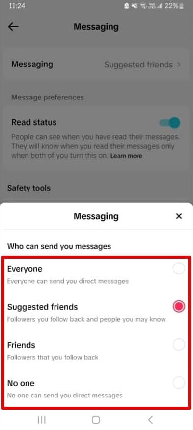 An image of how to use the messaging feature to restrict direct messages on Tiktok