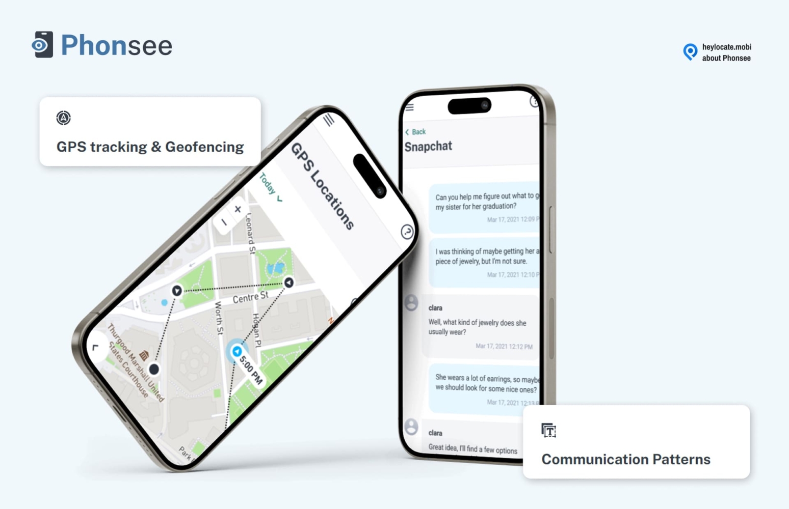 An illustration of a smartphone displaying a GPS tracking application with a map and location pins on the left side, and another smartphone showing a messaging app with a conversation on the right side, representing features of the Phonsee mobile tracking and communication monitoring service.