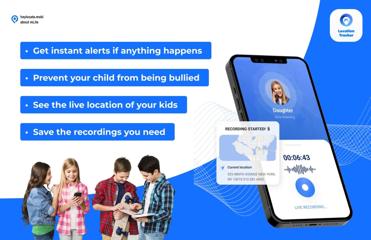 An advertisement for a mobile tracking app featuring benefits such as instant alerts, bullying prevention, live location tracking, and recording saving, alongside an image of children using a smartphone and a graphical representation of the app interface showing a live location and recording feature.