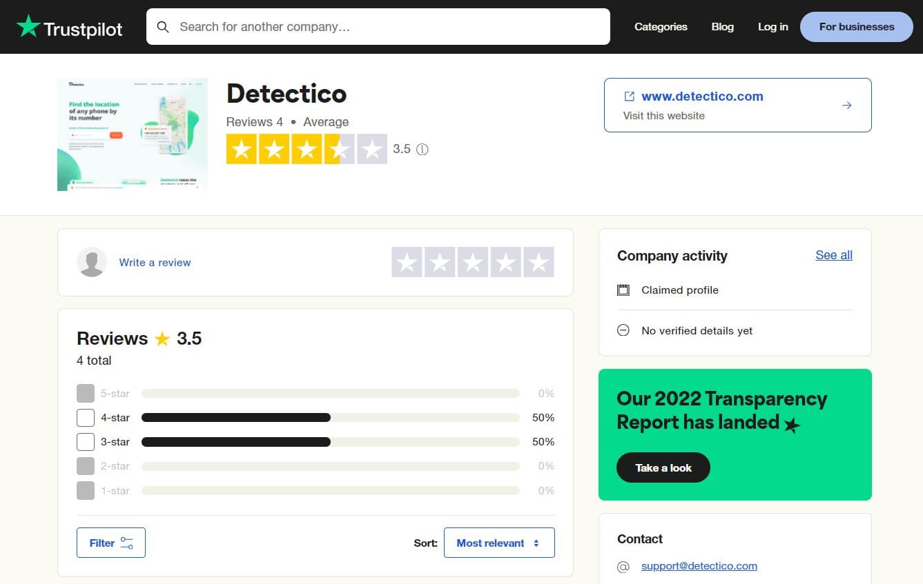 An image of Detectico reviews on Trustpilot