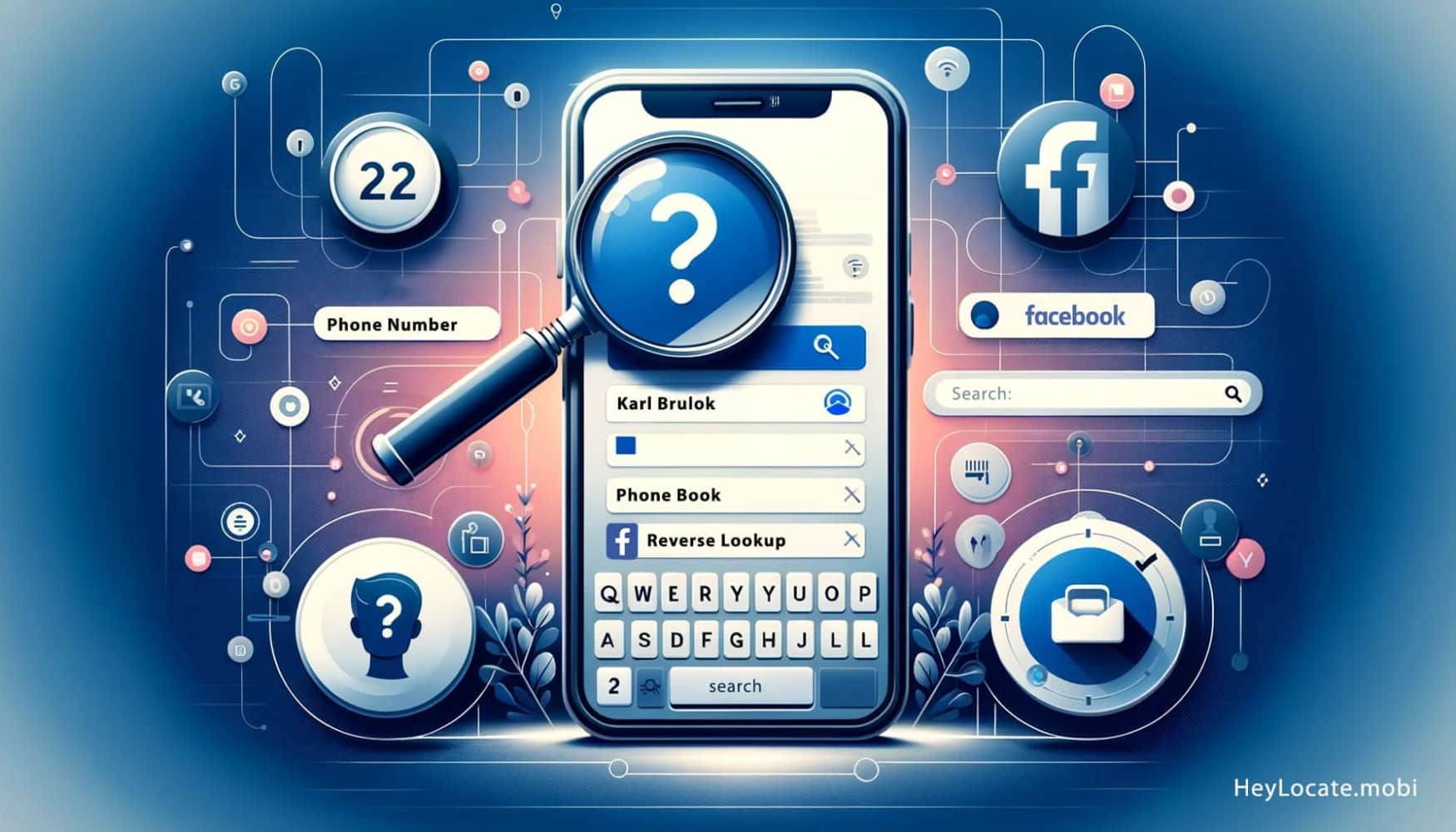 An informative and visually engaging graphic for an article about finding someone on Facebook using their phone number. The image should feature a smartphone displaying a Facebook search page with a magnifying glass icon and a generic phone number in the search bar. Additionally: a phone book syncing with Facebook, a reverse lookup tool, and a Facebook phone number search feature. This image is to illustrate the concept of using a phone number to search for people on Facebook