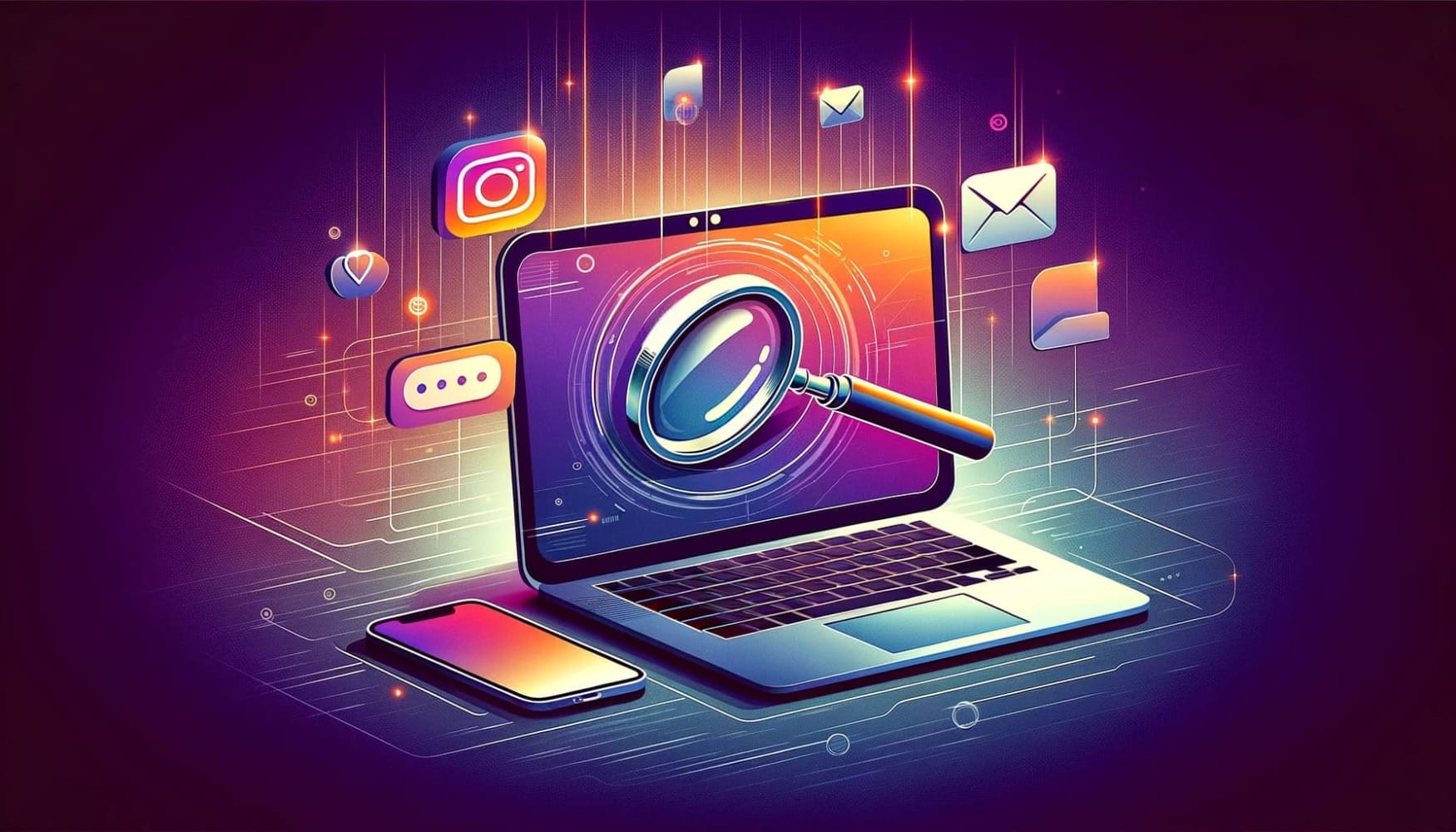 A modern, digital-themed illustration representing the concept of finding someone on Instagram. The image features a laptop with a magnifying glass symbol hovering above it, symbolizing search and discovery. There are various icons around the laptop, including a phone, an envelope, and a Google search icon, each representing different methods of searching: by phone number, email, and Google image search, respectively