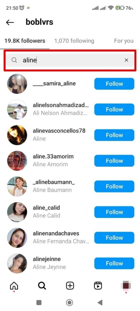 An image of how to search for someone using following on Instagram