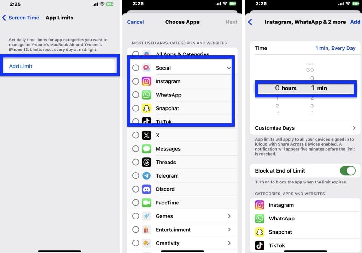 iPhone screenshots with steps on how to block apps through app limits