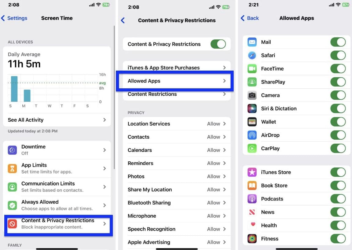 iPhone screenshots with steps on how to block apps through content & privacy restrictions