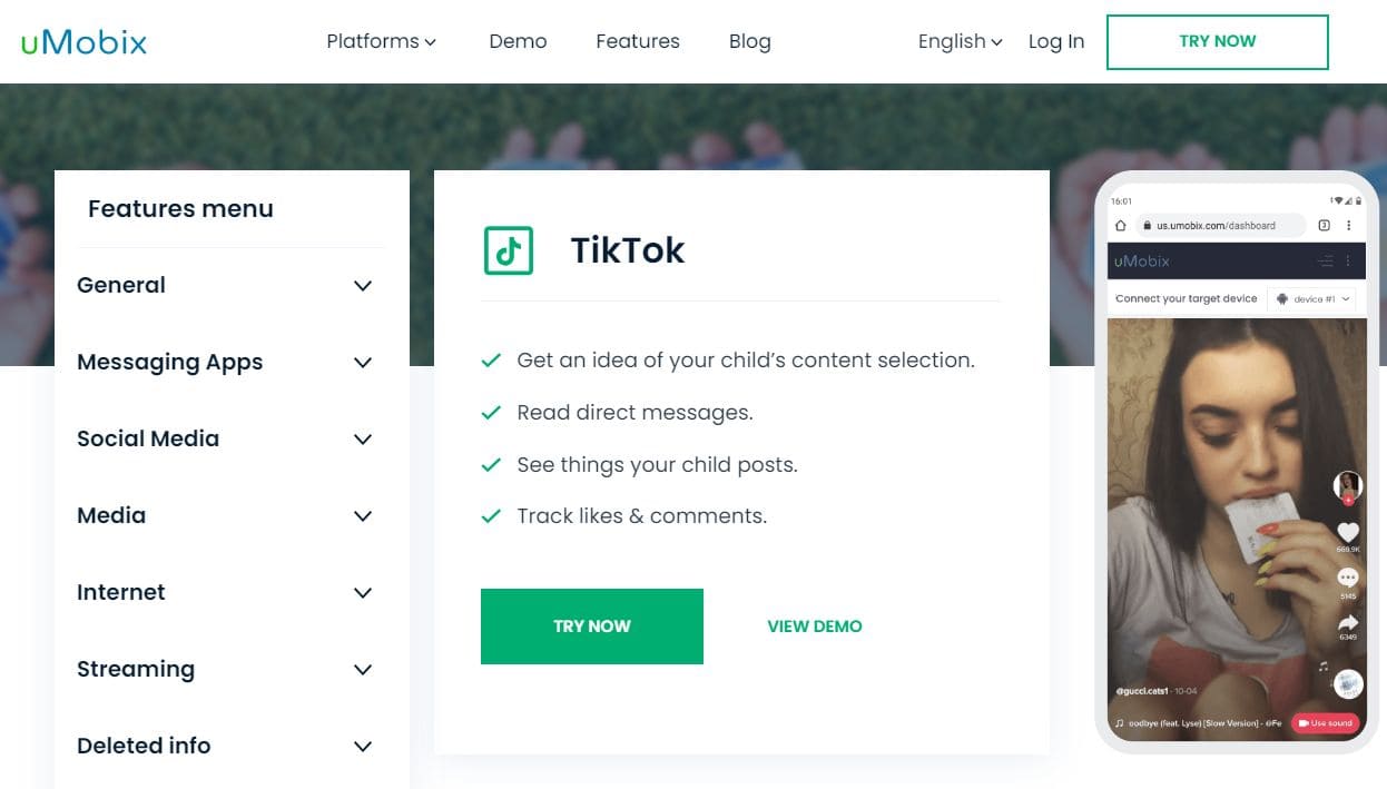 View of the page with information about using TikTok in uMobix