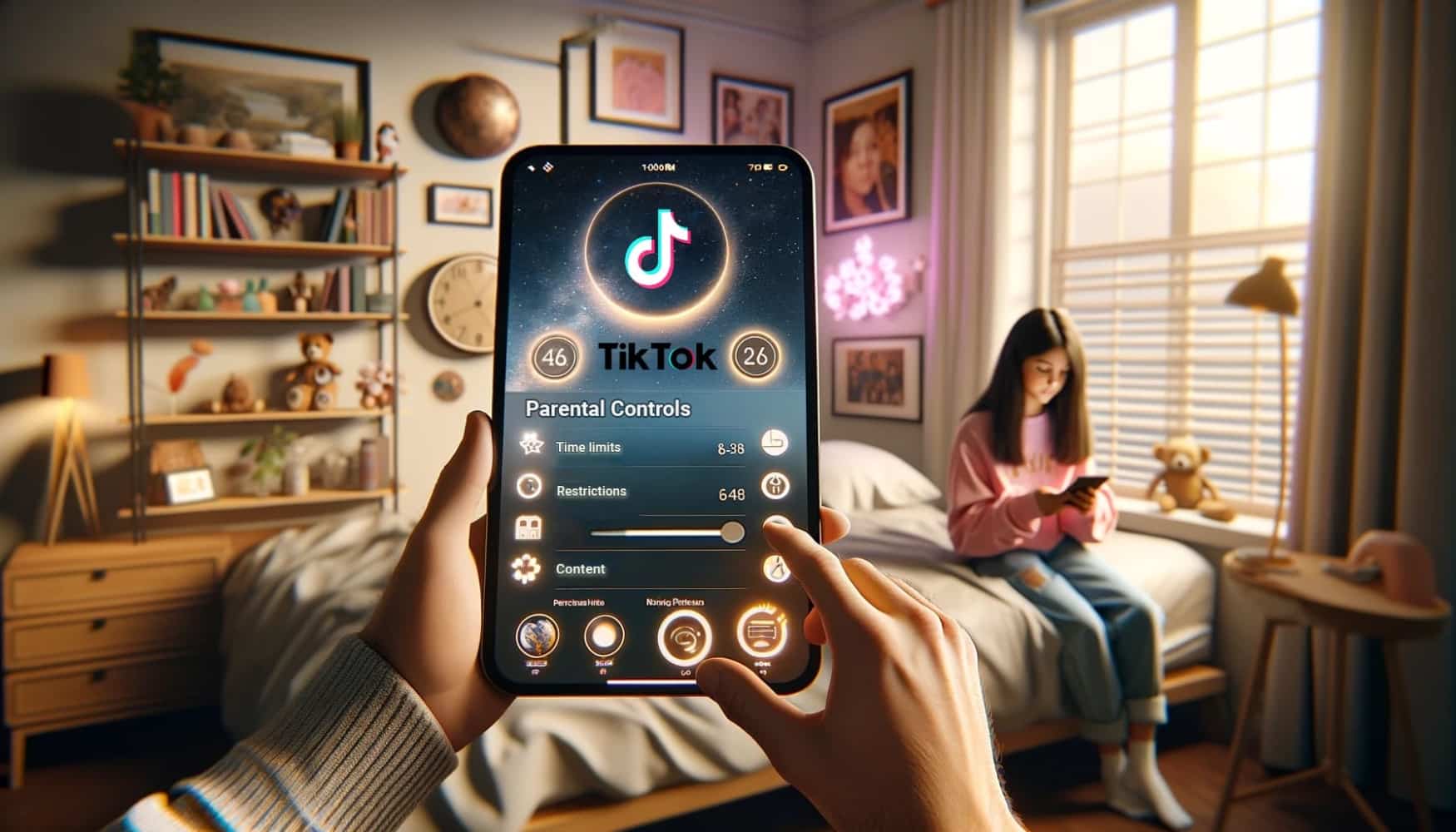 The man's hands are holding a phone, which is openly displaying information about the use of TikTok by the child of the girl, who is sitting in the background of the photo on a bed and looking at her phone