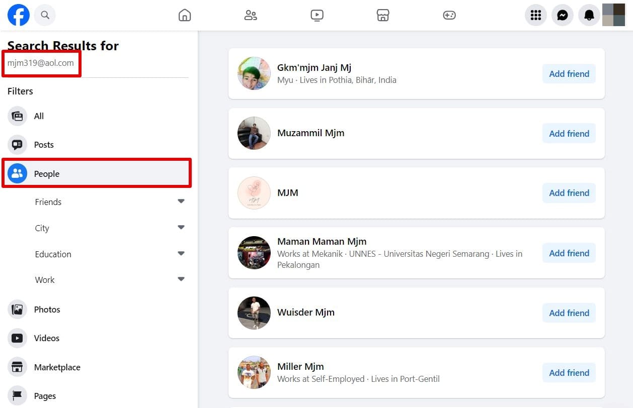An image of how to search using an email on Facebook