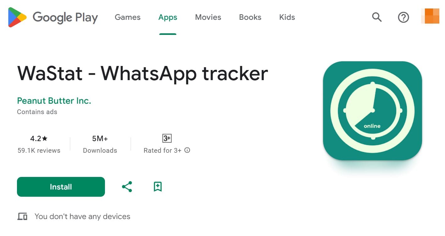 An image of WaStat WhatsApp tracker on Google Play Store