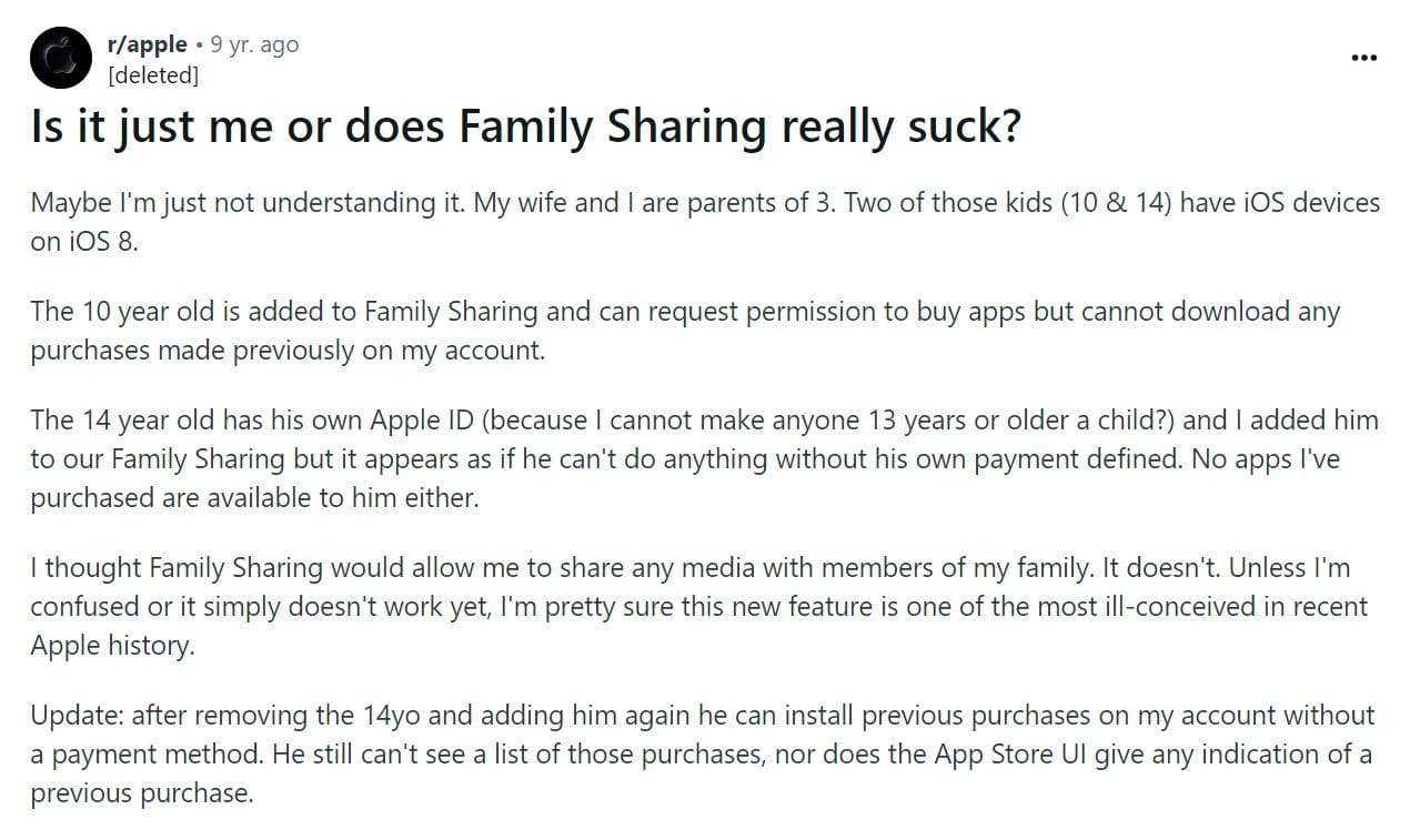 Image of a user comment about Apple Family Sharing