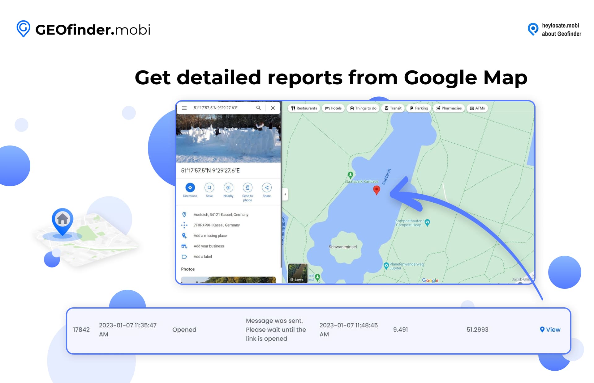 Display of GEOfinder.mobi's feature for obtaining detailed reports from Google Maps, showing a map and location coordinates, along with a detailed view of a map highlighting a specific area with a location marker.