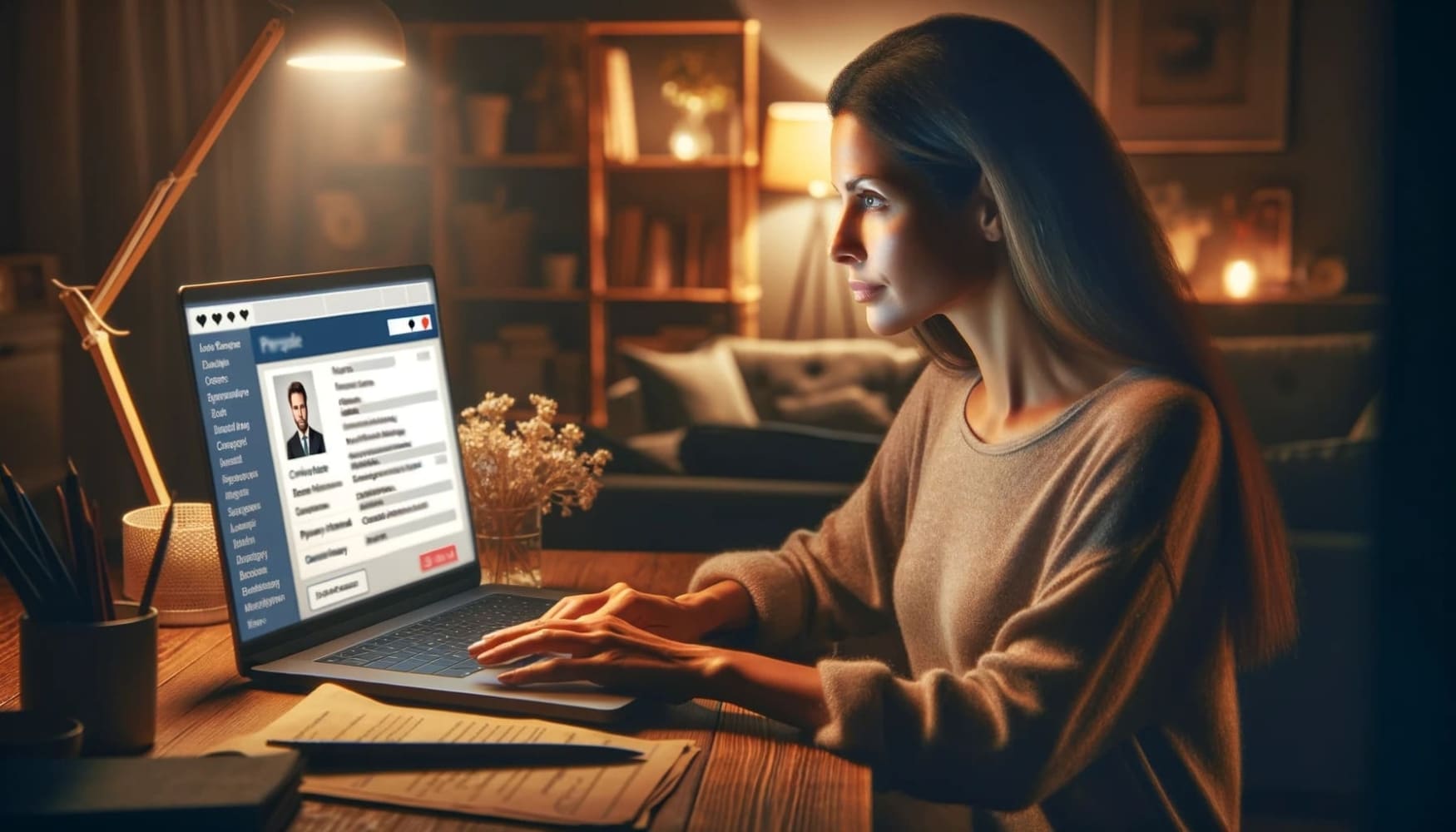Image of a young woman, sitting at a home office desk with a laptop. The laptop screen showing various forms of personal information such as criminal records, employment history, and educational background, as she conducts an online background check. The scene depict a cozy, modern home office environment with a warm, inviting atmosphere. The glow from the computer screen illuminates her face, highlighting her concentration and the importance of safety in online dating