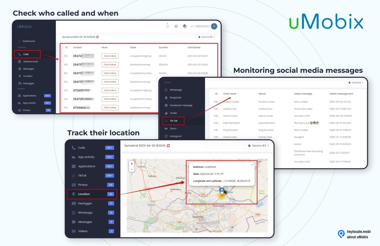 A screenshot of uMobix's mobile monitoring interface showing features for checking call history, monitoring social media messages, and tracking location on a map. The call history section lists calls with details such as contact, state, duration, and start time. The social media monitoring section displays various platforms like WhatsApp, Snapchat, and Tinder, with columns for name, latest message, and time. The location tracker shows a map pinpointing a location with coordinates and a timestamp. The design indicates functionality for real-time surveillance of mobile device activities.