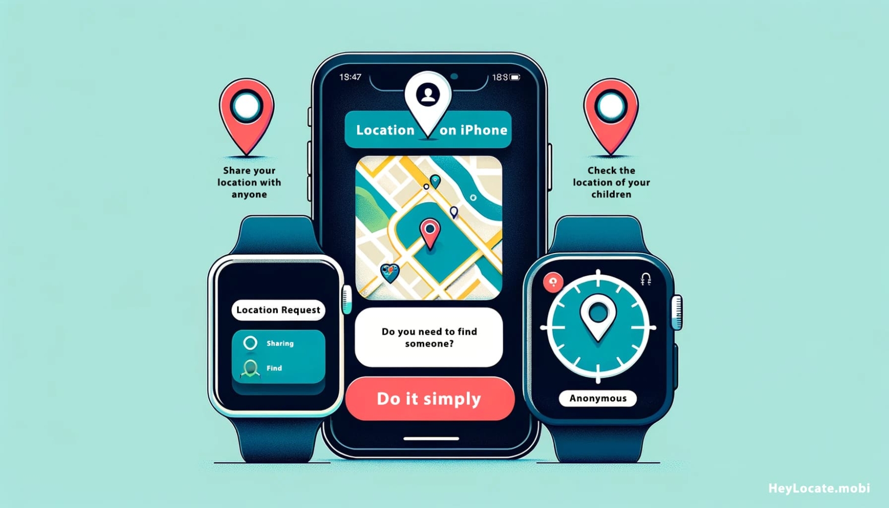 An image for an article explaining how to request location on an iPhone using three methods, including a hidden one. The image feature an iPhone displaying a map with a location request notification, an Apple Watch showing location sharing, and an icon representing a third-party tracker for anonymous tracking. The design informative and modern, illustrating the technology's ability to track locations responsibly.