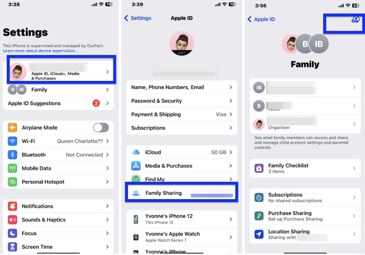iPhone screenshots with steps on how to set up Apple Family Sharing