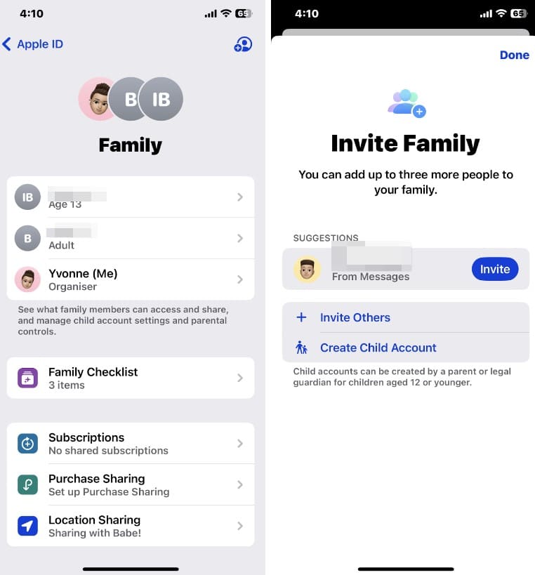 iPhone screenshots on inviting family members