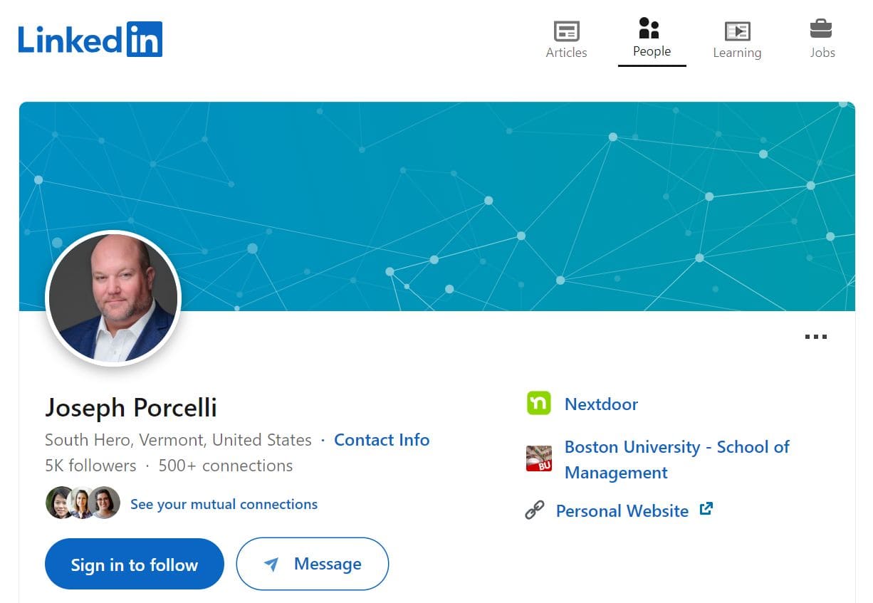 An image of a user_s LinkedIn profile with a link to their contact information