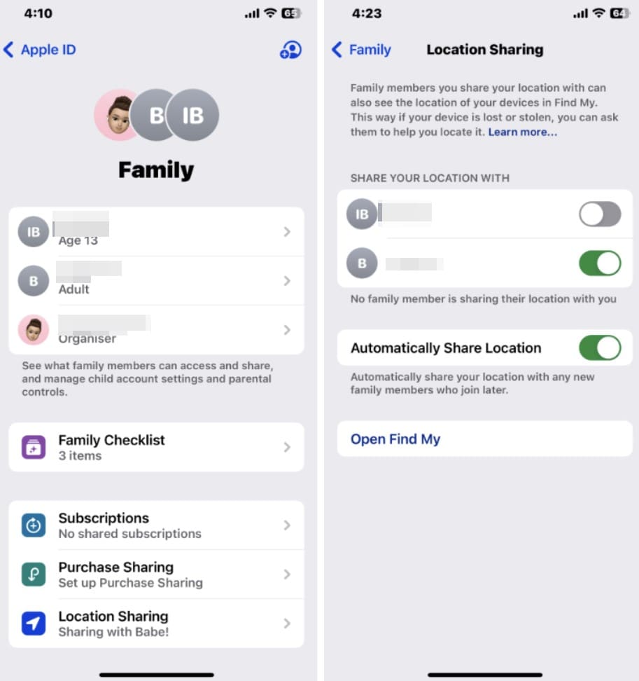 iPhone screenshots with shared location sharing feature on Apple Family Sharing