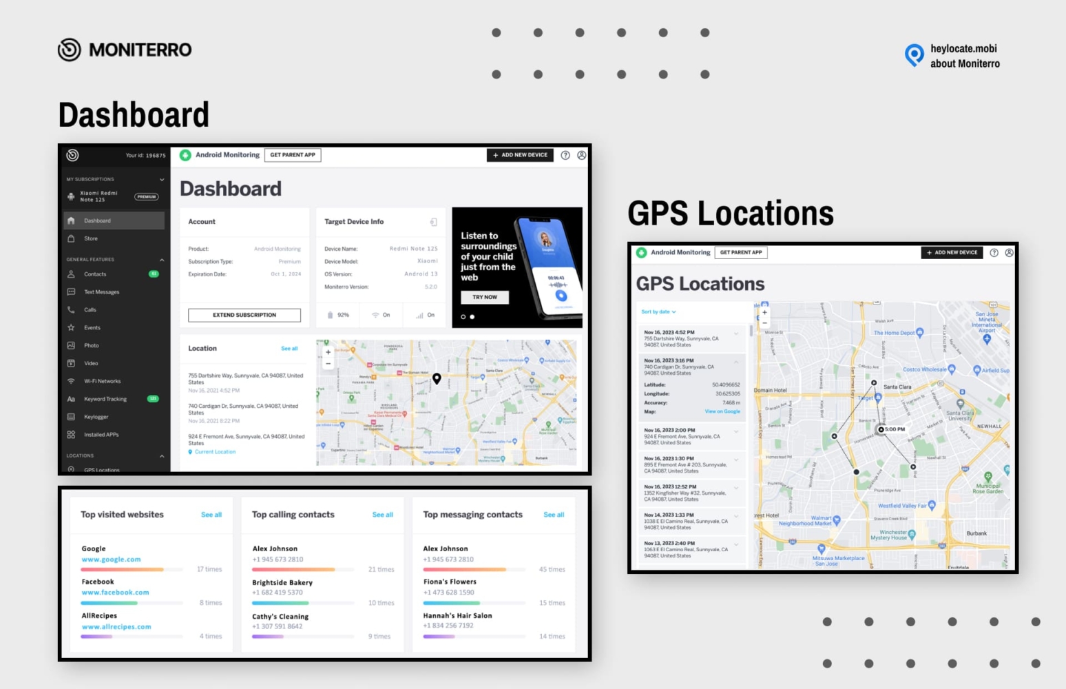 Screenshot of MONITERRO's user dashboard and GPS Locations feature. The left side shows the dashboard interface with account details, subscription information, and sections for calls, messages, events, photos, video, Wi-Fi networks, and visited websites. The right side displays the GPS Locations screen with a map showing location markers and a list of location logs with timestamps, addresses, latitude, and longitude coordinates.