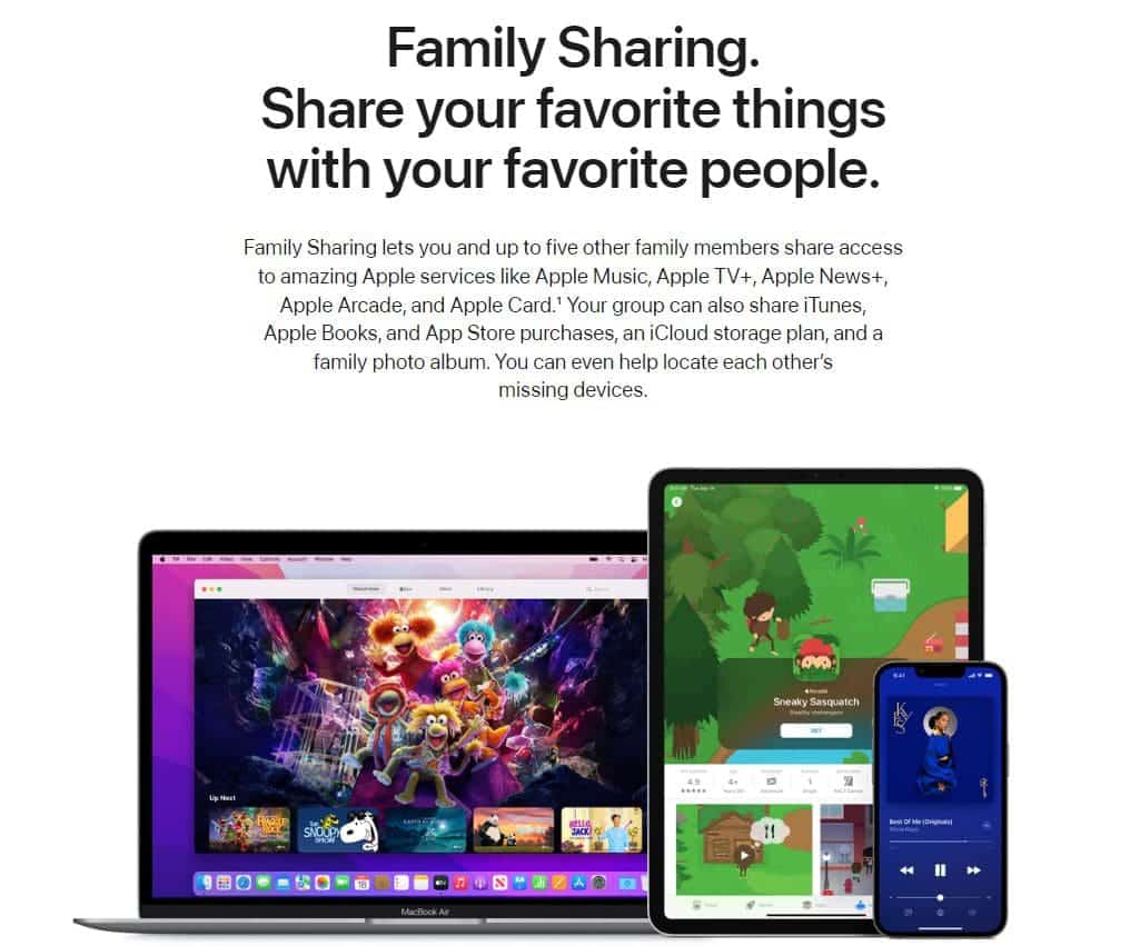 At the top of the picture is a brief description of Apple Family Sharing, at the bottom is a picture of a laptop, tablet and phone that has a picture of a video, music player and computer game on it