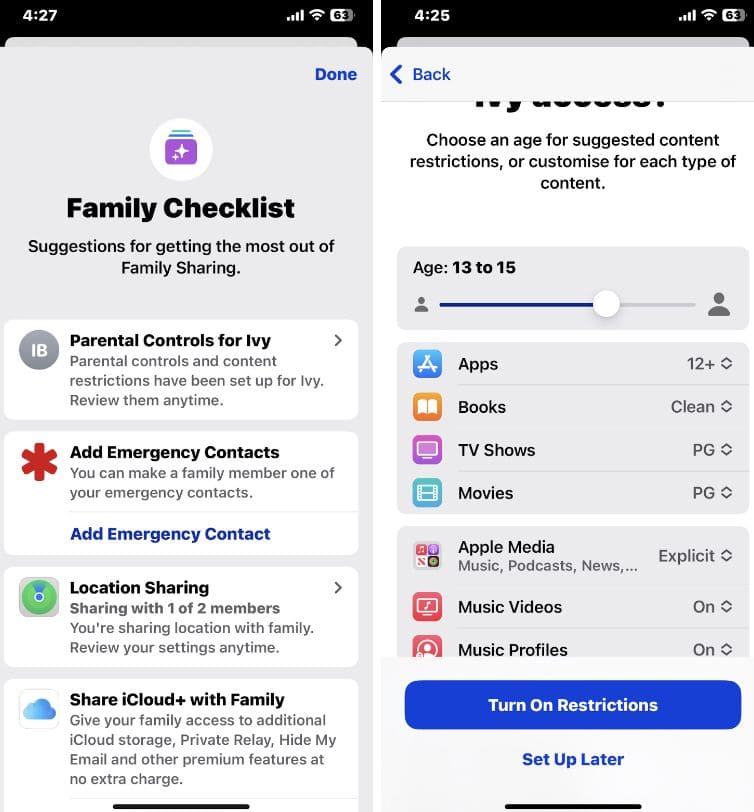 iPhone screenshots with Parental control feature on Apple Family Sharing