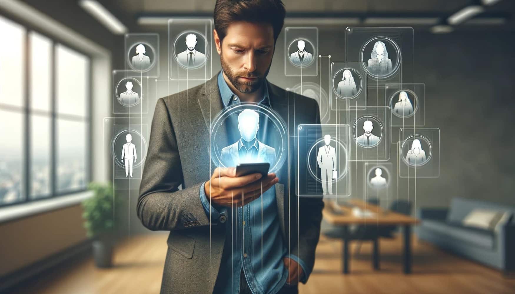 A man stands in a room dressed in a suit looking at a cell phone and around him are icons of user profiles