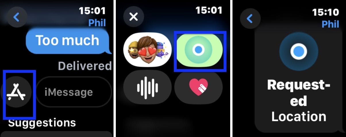 Apple Watch screenshots with steps on how to use iMessage to request someone's location