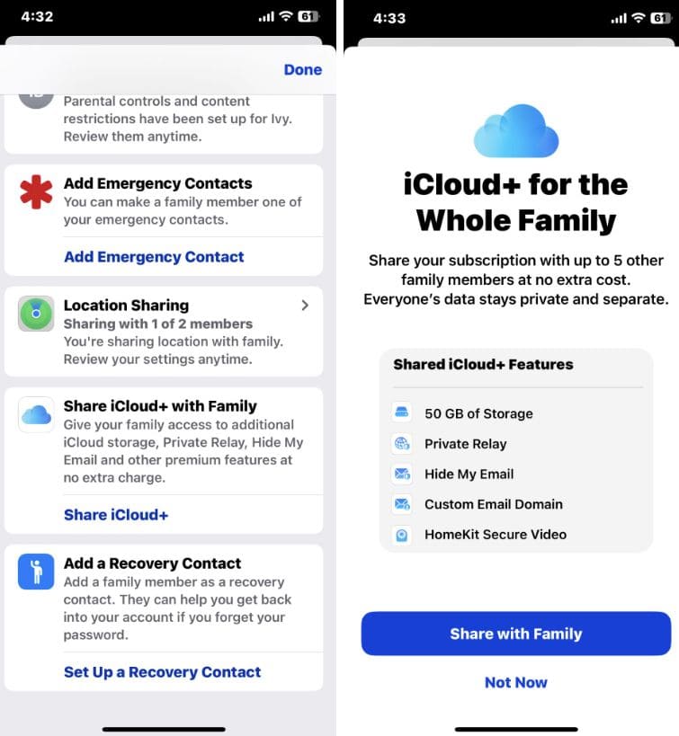 iPhone screenshots with Shared iCloud storage feature on Apple Family Sharing