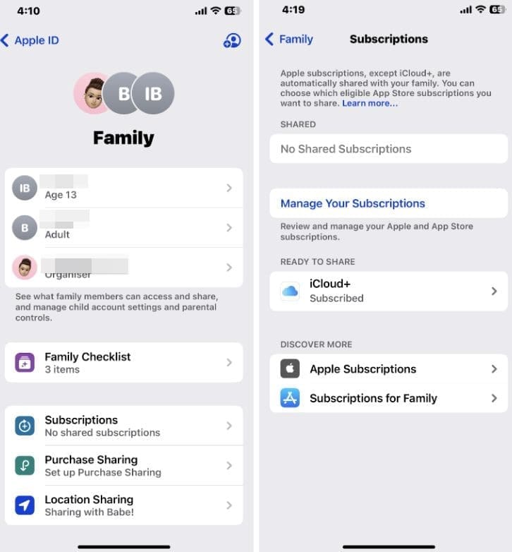 iPhone screenshots with shared subscription feature on Apple Family Sharing 