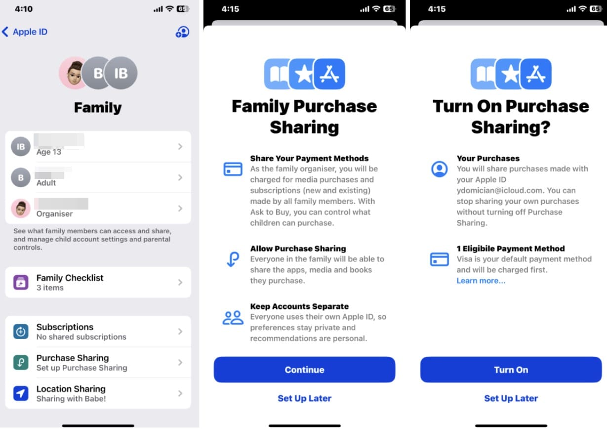 iPhone screenshots with Sharing Purchases feature on Apple Family Sharing