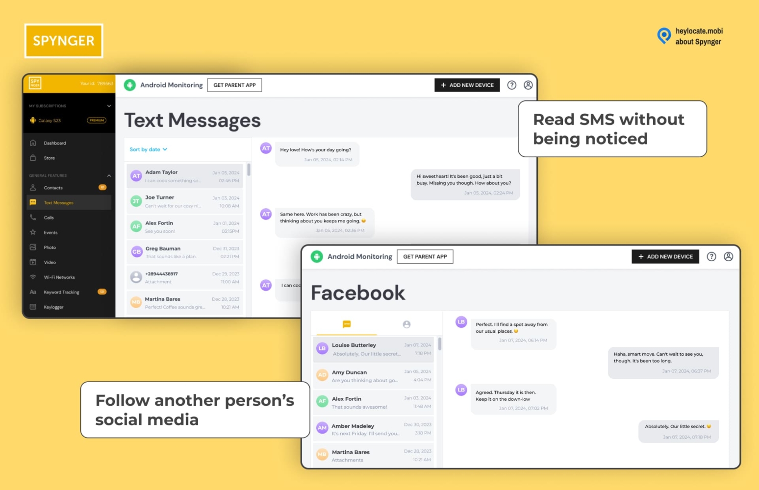 A bright and informative SPYNGER app image showcasing features for monitoring text messages and social media activity. The left side of the image displays an interface snippet for text message monitoring, with a list of contacts and a preview of messages. The right side shows a pop-up message promoting the feature to 'Read SMS without being noticed.' Below, a section of the Facebook monitoring interface reveals conversation snippets, with a caption 'Follow another person’s social media' emphasizing the app's discreet tracking capabilities.