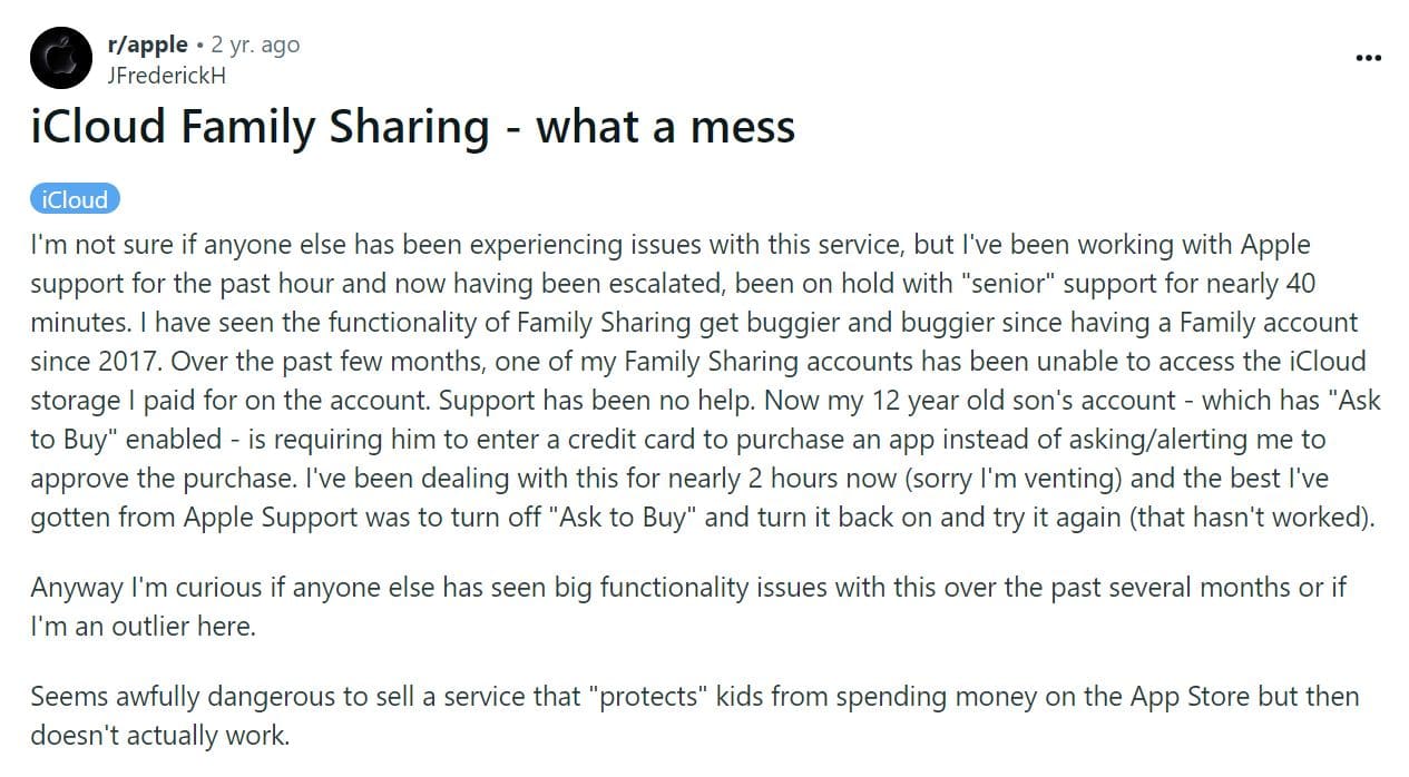 Screenshot of a user review of Apple Family Sharing on reddit