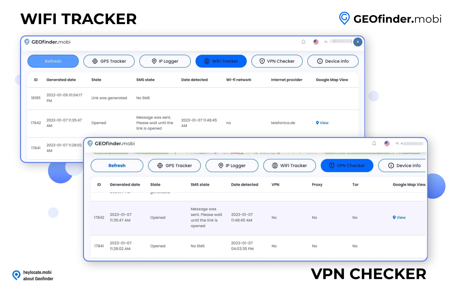 Interface of GEOfinder.mobi showing WiFi Tracker and VPN Checker tabs, with detailed listings of ID numbers, dates, SMS states, date detected, and network information for tracking purposes.