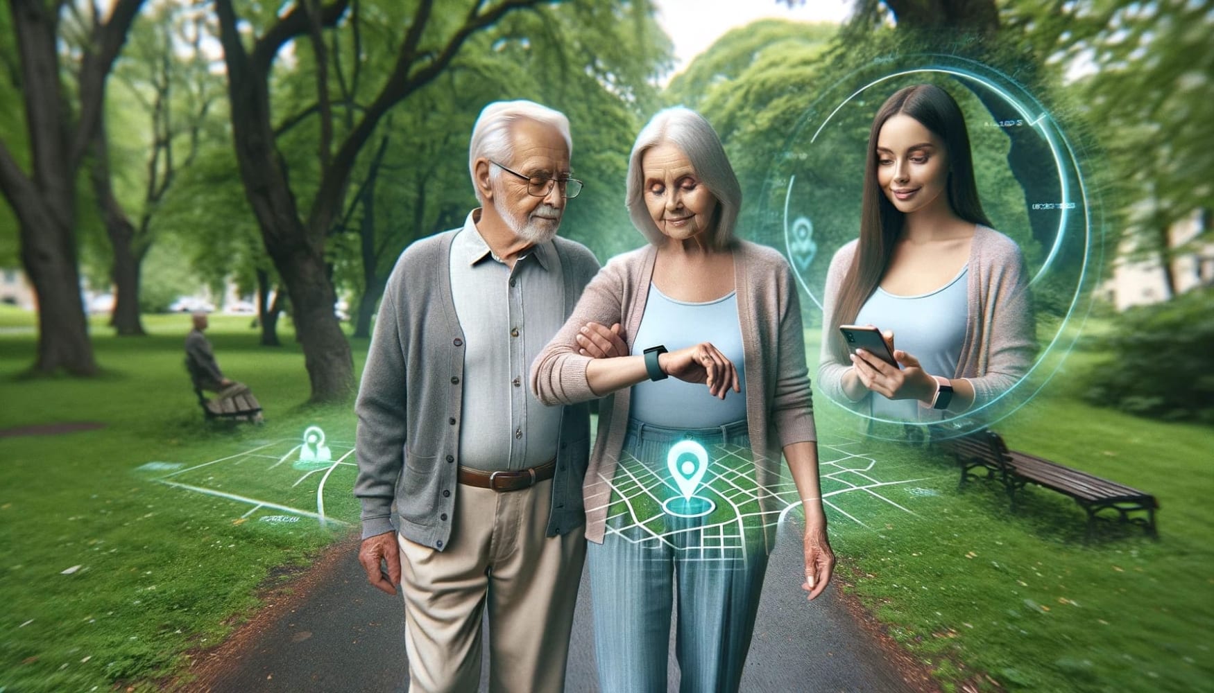 An older man and woman standing next to each other on a parkway looking at their watches, green trees all around, and a few geolocation grids, with a girl on the right in a circle looking at her phone