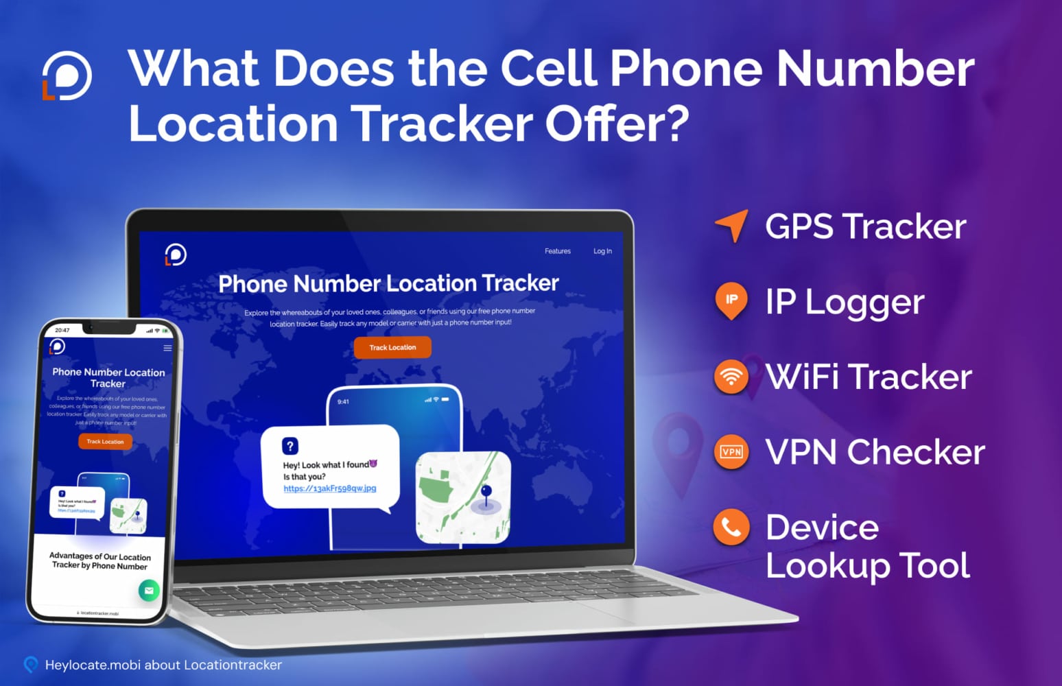 Promotional graphic for a cell phone number location tracker service, featuring a laptop and smartphones displaying the app interface. The graphic lists features such as GPS Tracker, IP Logger, WiFi Tracker, VPN Checker, and Device Lookup Tool.