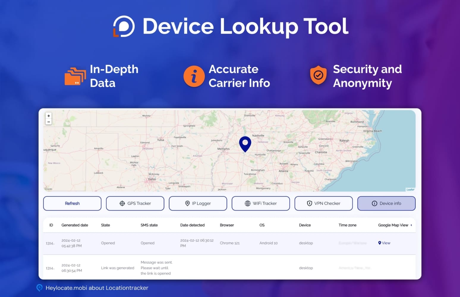 A visual of the "Device Lookup Tool" interface featuring a map with a location marker. The tracking list includes ID numbers, generated dates, states, SMS states, and detected information like browser type, operating system, and device, and view on Google map.