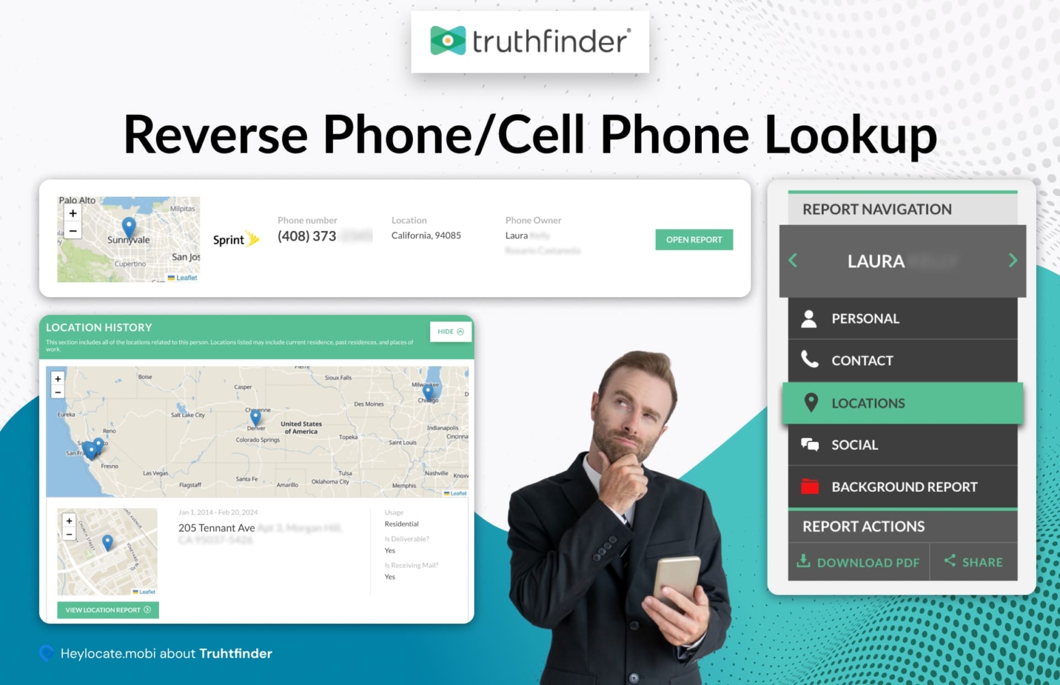 An image of Truthfinder's reverse phone lookup feature displayed on a screen, with a map pinpointing a location and showing the phone number, its carrier, and the owner's name. To the right, a man in a business casual outfit holds a smartphone, appearing thoughtful, symbolizing the investigative process of reverse phone searching. The interface also includes tabs for personal, contact, locations, and social information, suggesting a comprehensive background report capability.