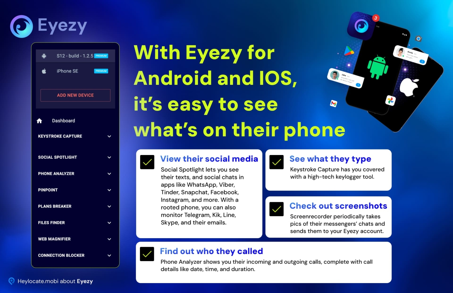 Collage highlighting Eyezy's monitoring features for Android and iOS devices, including viewing social media, keystroke capture, screenshot checks, and call analysis.