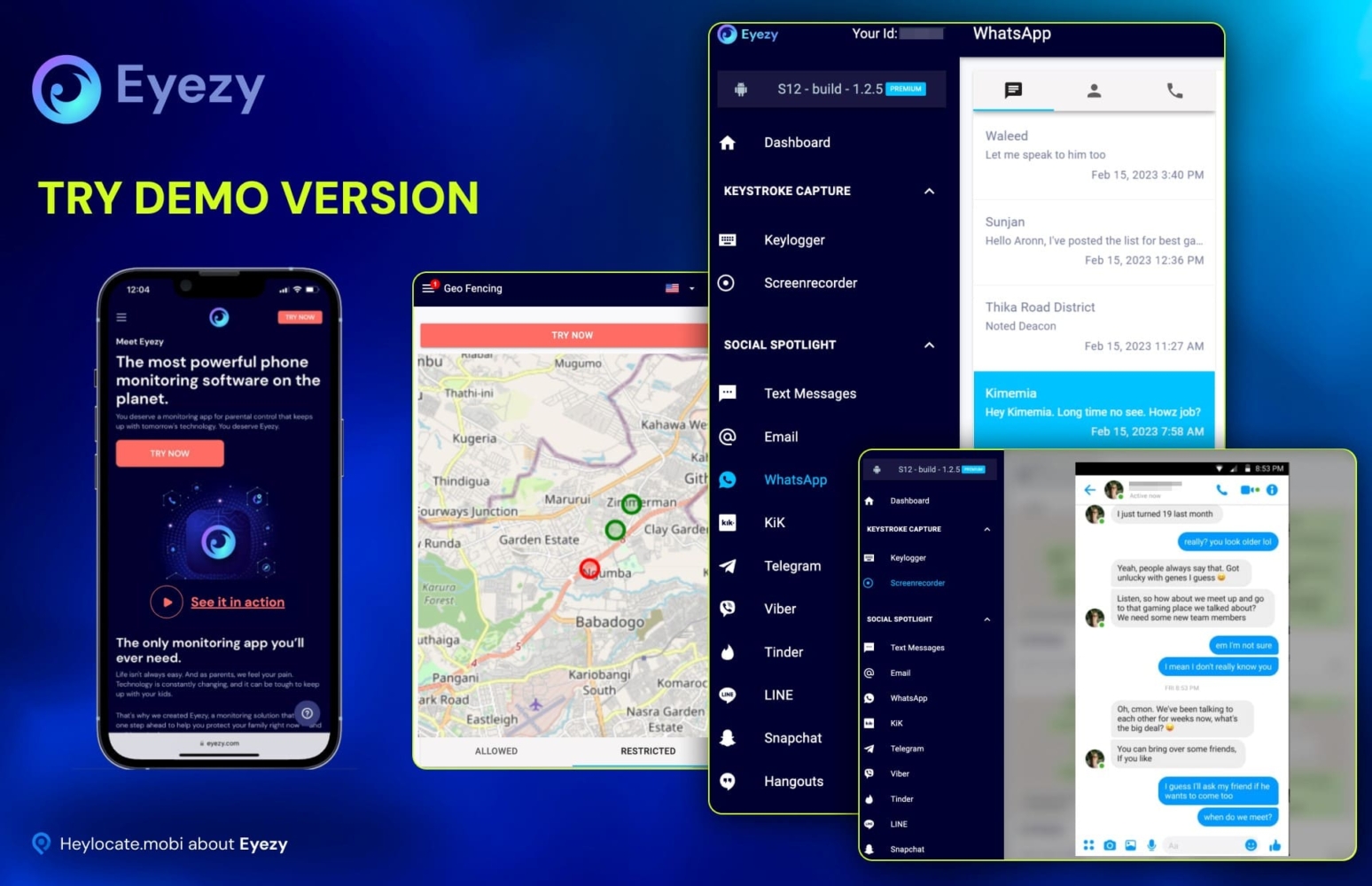 The demo version of Eyezy, showing the phone monitoring app interface. Real screenshots from your personal account are shown: the geofence function on the map, as well as examples of social media monitoring in WhatsApp and a screenrecorder.