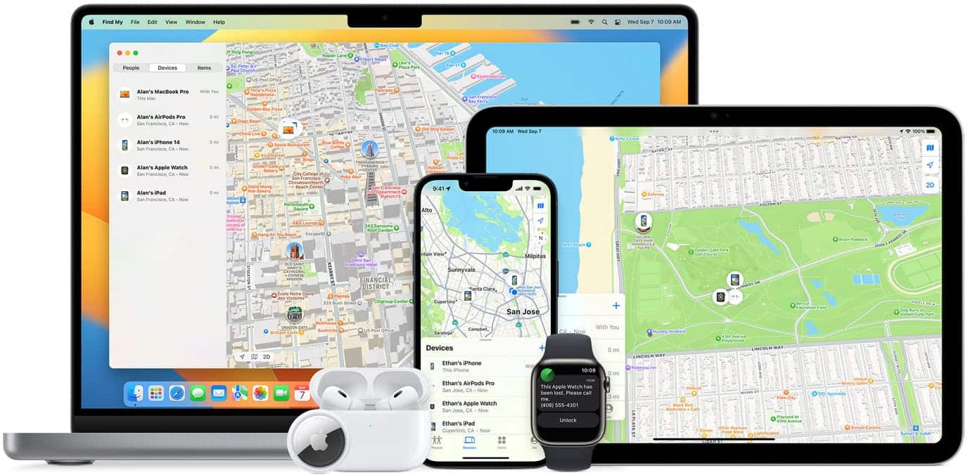 An image of Find My showing location tracking on various devices