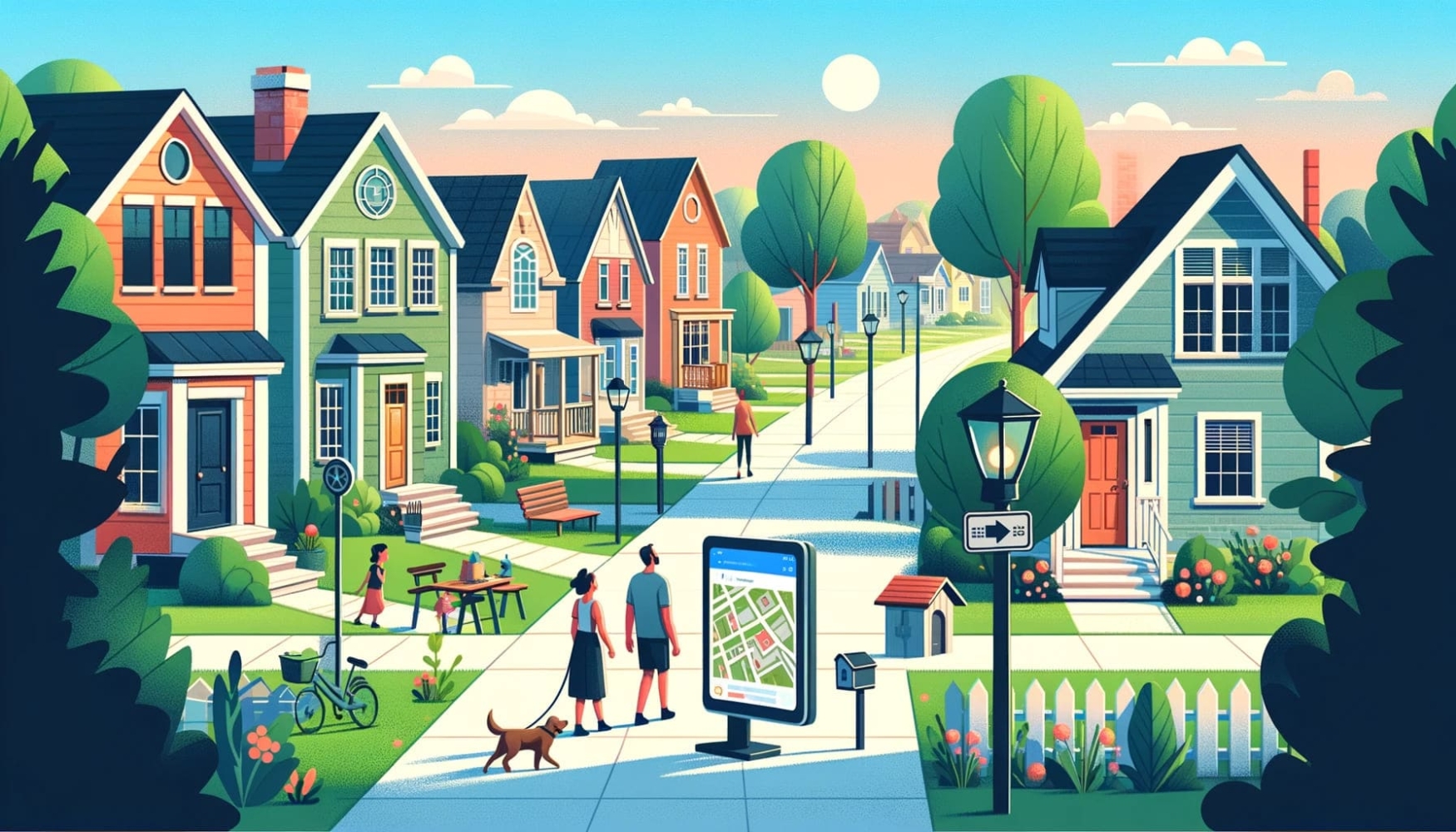 A city street with two-story houses, green grass, flowers and trees, in the foreground is a couple with a dog on a leash, a little further away is a girl walking with a woman walking in the distance