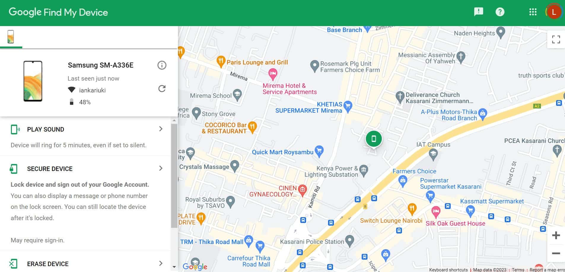 An image of Google Find My Device online with a tracked phone’s location