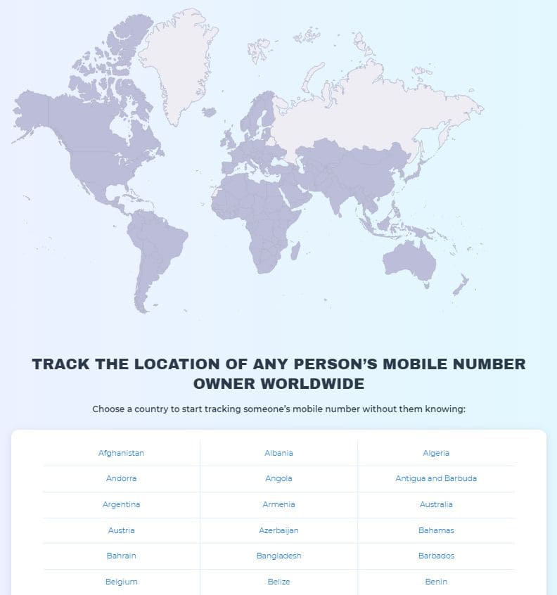 Screenshot from HeyLocate website with map and list of some countries for tracking phone location worldwide