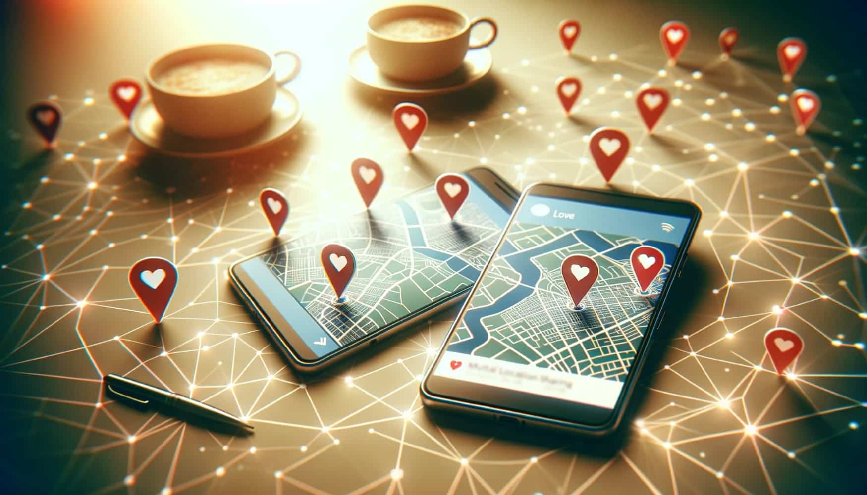 Two cell phones lying on a table next to two cups of coffee, on the screen of the phones maps are open, next to lying, the surface on which everything is lying consists of many lines connected to each other and all in location marks