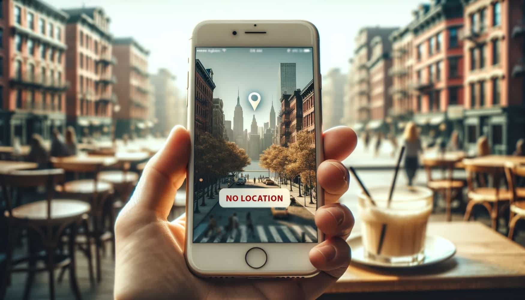 Against the background of the city, houses and cafe tables, a man's hand is holding an iPhone on which is shown a street with houses there is a geolocation mark and the inscription No location